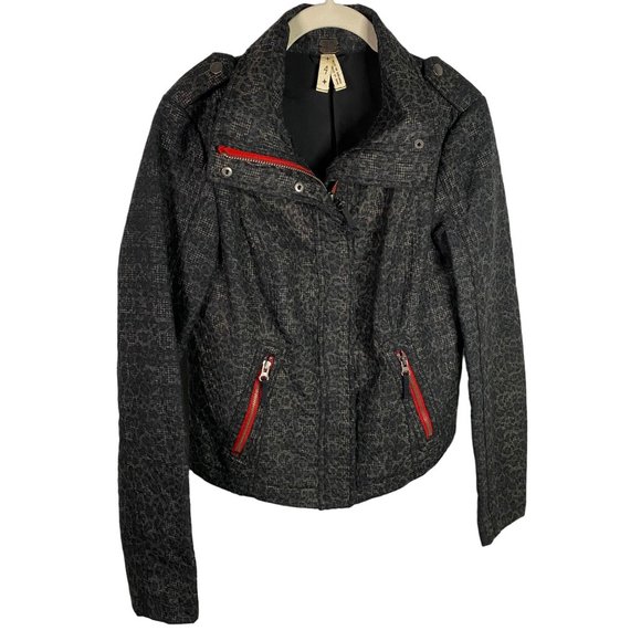 We The Free/ Free People Black‎ Brown Animal Print Moto Red Zip Jacket Coat Sz 4 - Picture 1 of 10